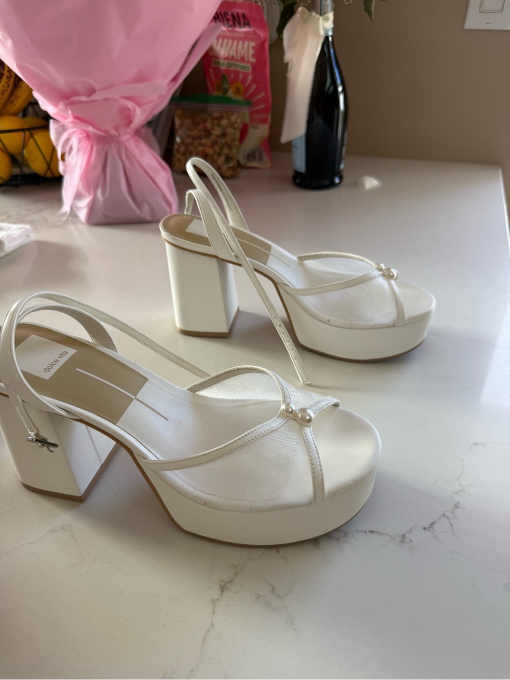 Dolce Vita White Platform Pearl Slingback Heels